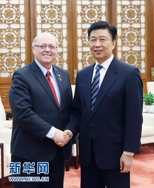 1月4日，中國國家副主席李源潮在北京人民大會堂會見加拿大參議長富里。新華社記者 姚大偉 攝