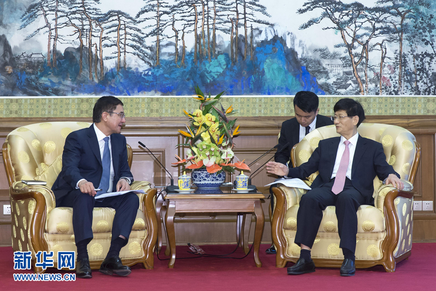 7月19日，中共中央政治局委員、中央政法委書記孟建柱在北京會見烏茲別克斯坦副總理庫奇卡羅夫。 新華社記者崔新鈺攝