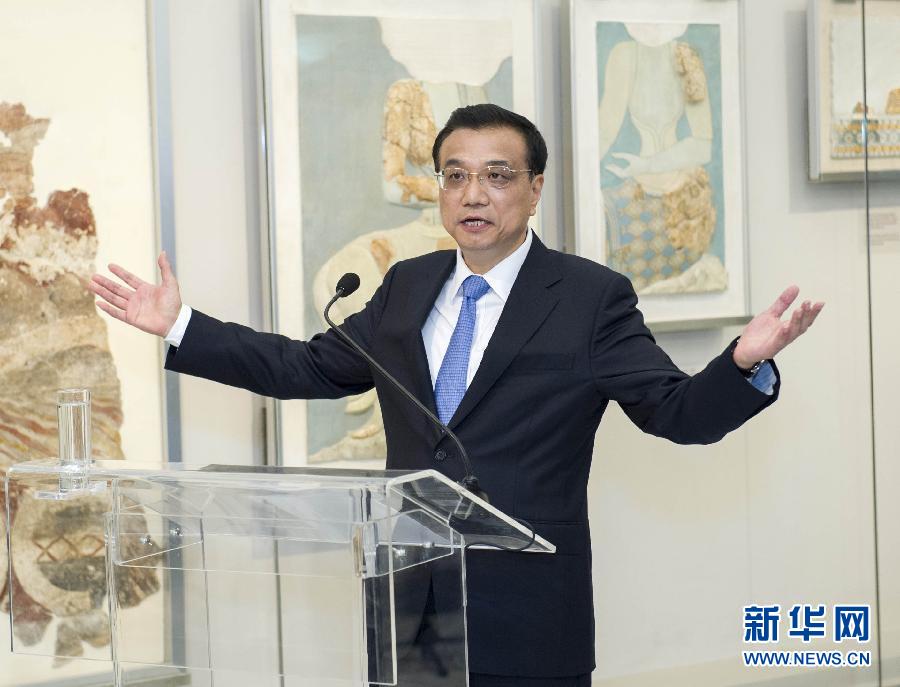 6月21日，國務(wù)院總理李克強與希臘總理薩馬拉斯共同出席希臘伊拉克利翁博物館新館開館儀式并發(fā)表講話。 新華社記者 王曄 攝