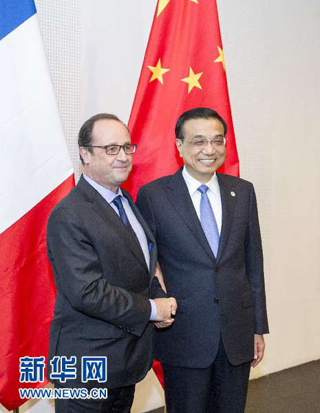 10月16日，中國國務(wù)院總理李克強在米蘭會見法國總統(tǒng)奧朗德。新華社記者 王曄 攝
